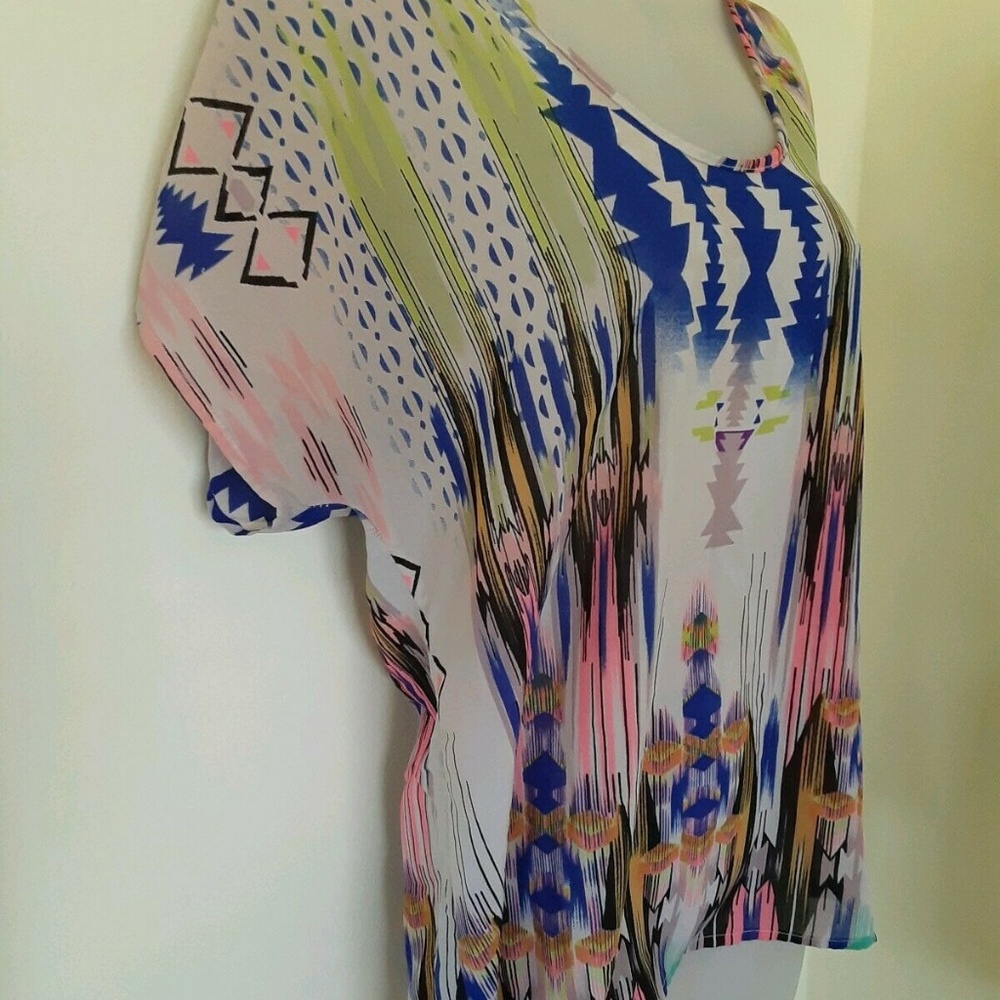 Tribal Print Vintage Ladies Blouse Vintage Long Size‎ Large Vibrant Multi EUC